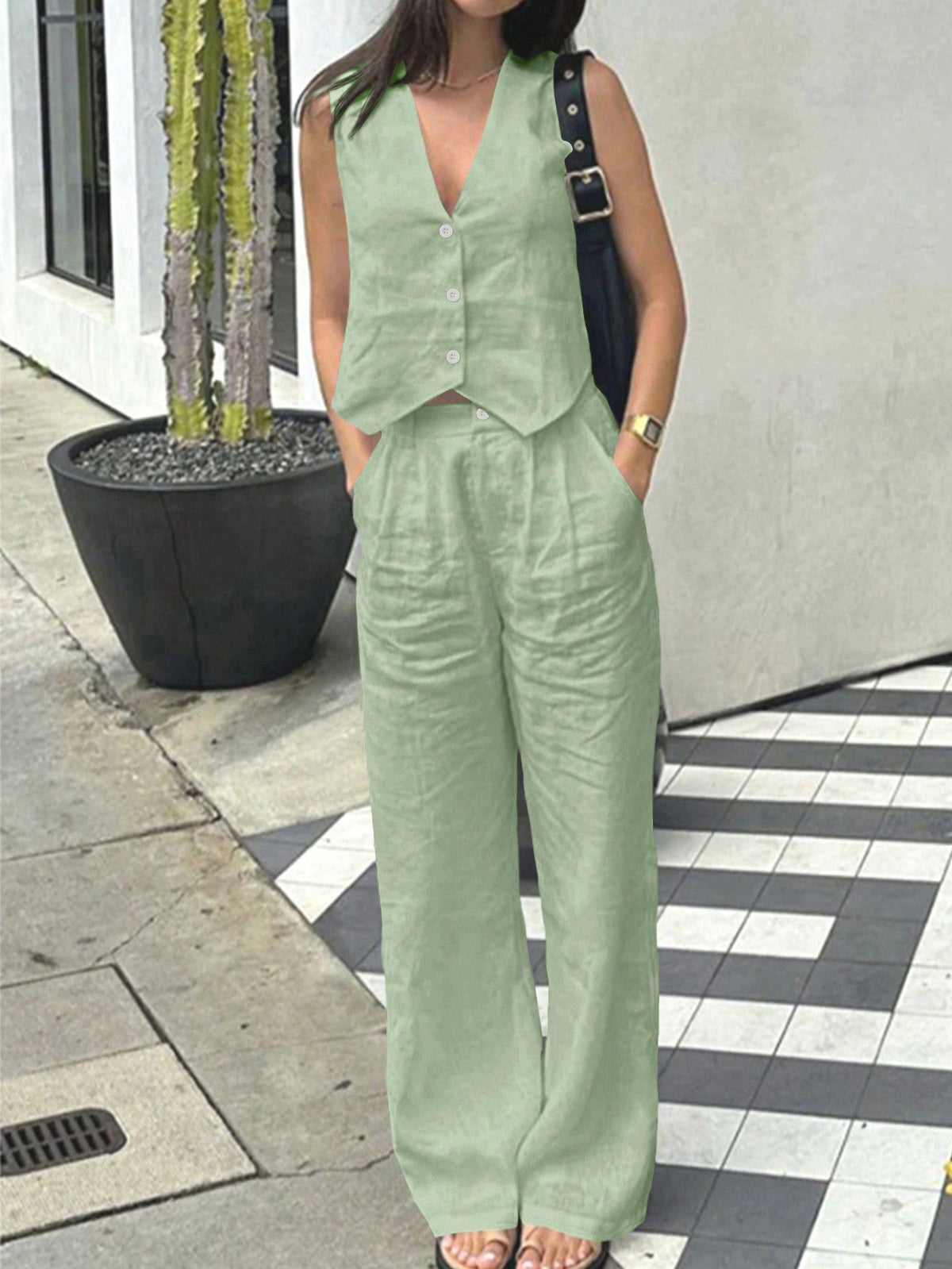 Set Due Pezzi Estivi Casual Da Donna Con Canotta Tinta Unita E Pantaloni Lunghi