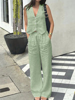 Set Due Pezzi Estivi Casual Da Donna Con Canotta Tinta Unita E Pantaloni Lunghi