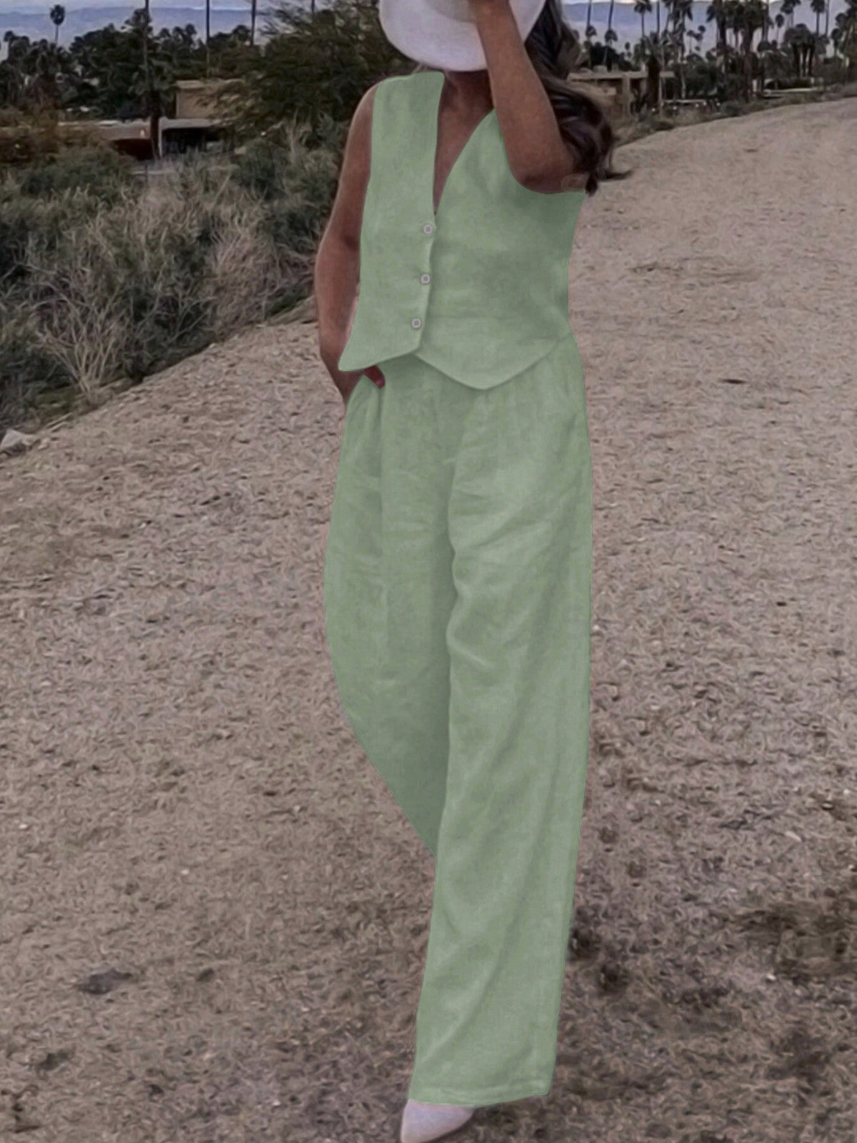 Set Due Pezzi Estivi Casual Da Donna Con Canotta Tinta Unita E Pantaloni Lunghi