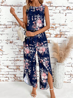 Top di stile vacanziero elegante stampato a pois per signore con pantaloni a gamba larga con spacco avanti