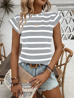Maglietta casual estiva da donna a righe stampate con girocollo e maniche corte