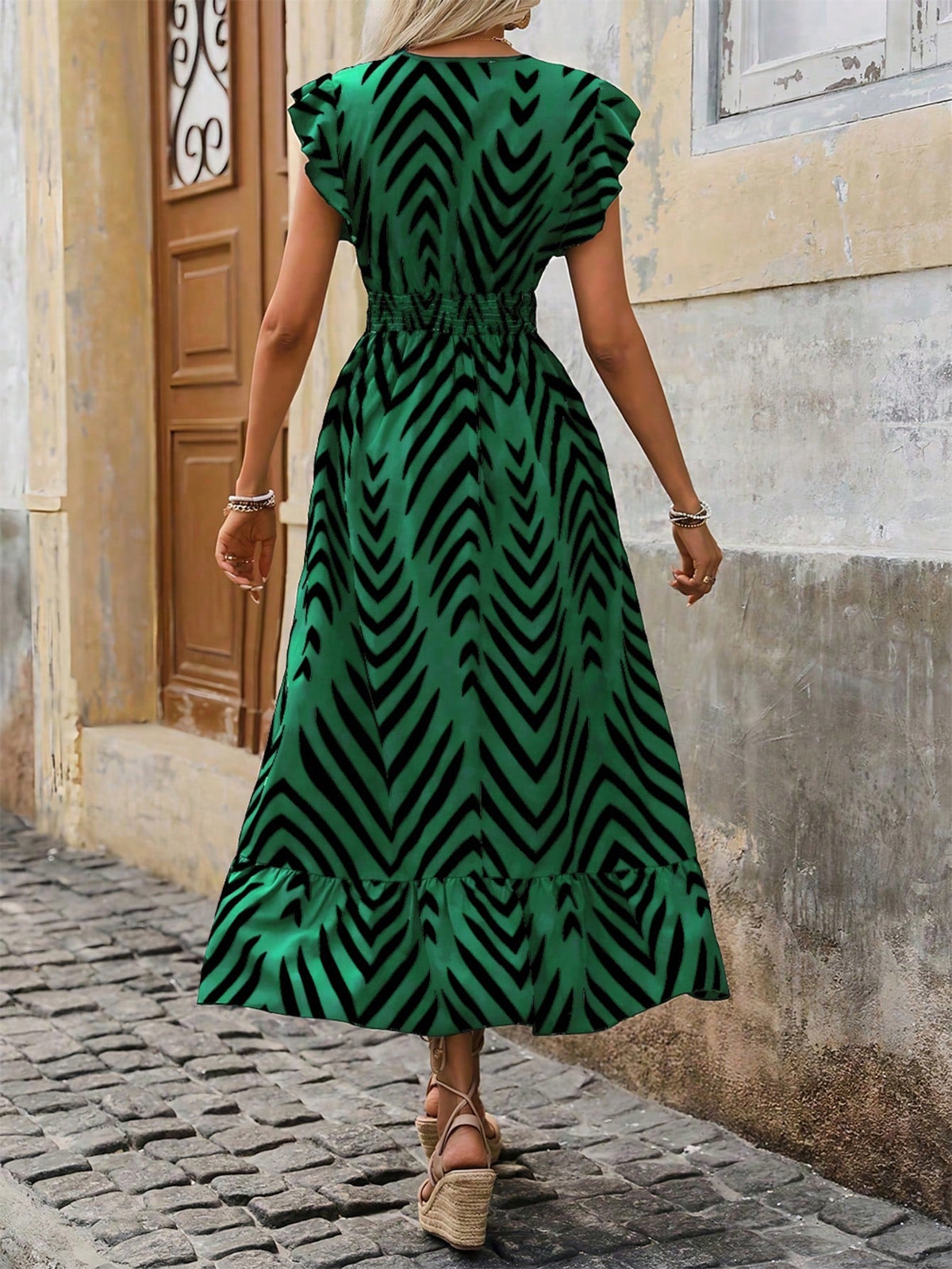 Abito Casual Lungo Con Manica A Cappuccio Con Stampa Geometrica Estiva E Scollo A V Per Donne