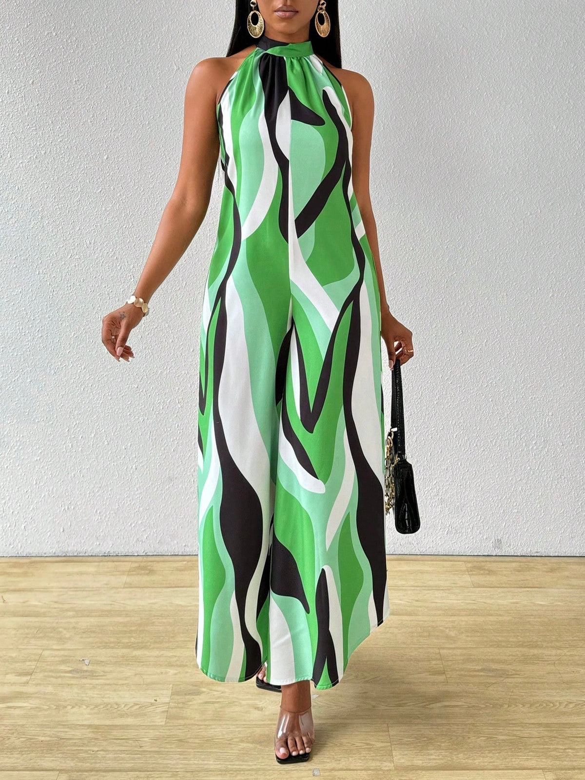 Jumpsuit gamba larga color block con collo halter