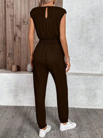 Tuta senza maniche casual solida da donna per vacanze estive con cintura a coulisse in vita