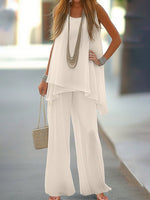 Set 2 pezzi semplice da donna con top senza maniche di colore unito e pantaloni lunghi