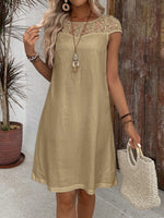 Abito casual estivo in cotone con patchwork in pizzo, colore solido bianco, vestito aderente per donne