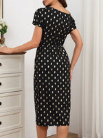 Vestito Donna Con Stampa A Spina Di Pesce, Collo Asimmetrico Con Twist E Avvolgimento