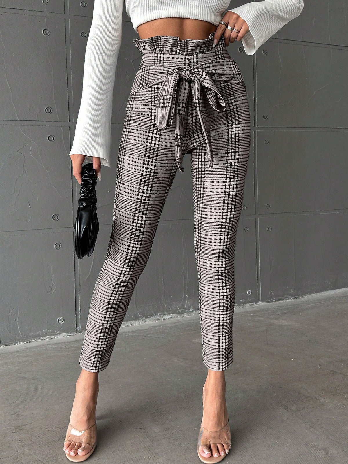 Pantaloni Lunghi A Vita Alta Con Cintura A Sacchetto A Quadri Per Donna