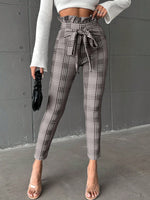 Pantaloni Lunghi A Vita Alta Con Cintura A Sacchetto A Quadri Per Donna