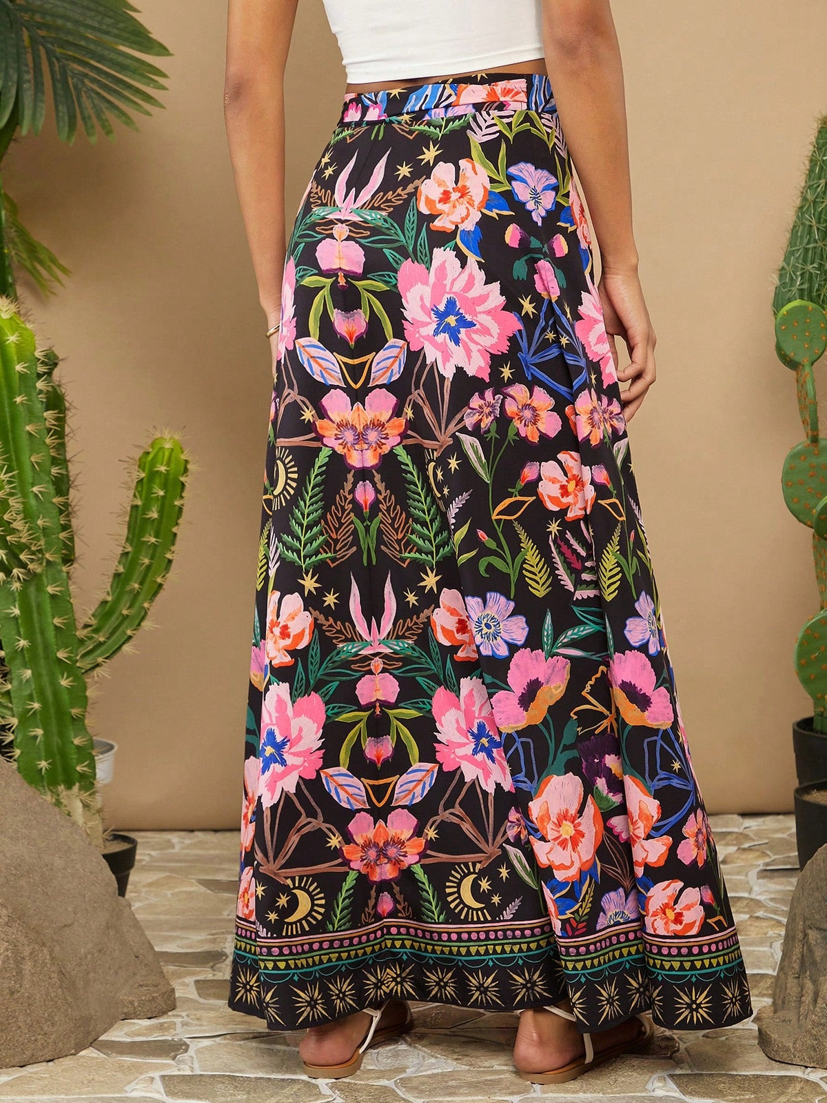 Gonna lunga stampa tropicale con cintura a fascia per donne