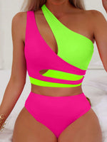 Costume da bagno summer beach color block neon con bikini a una spalla
