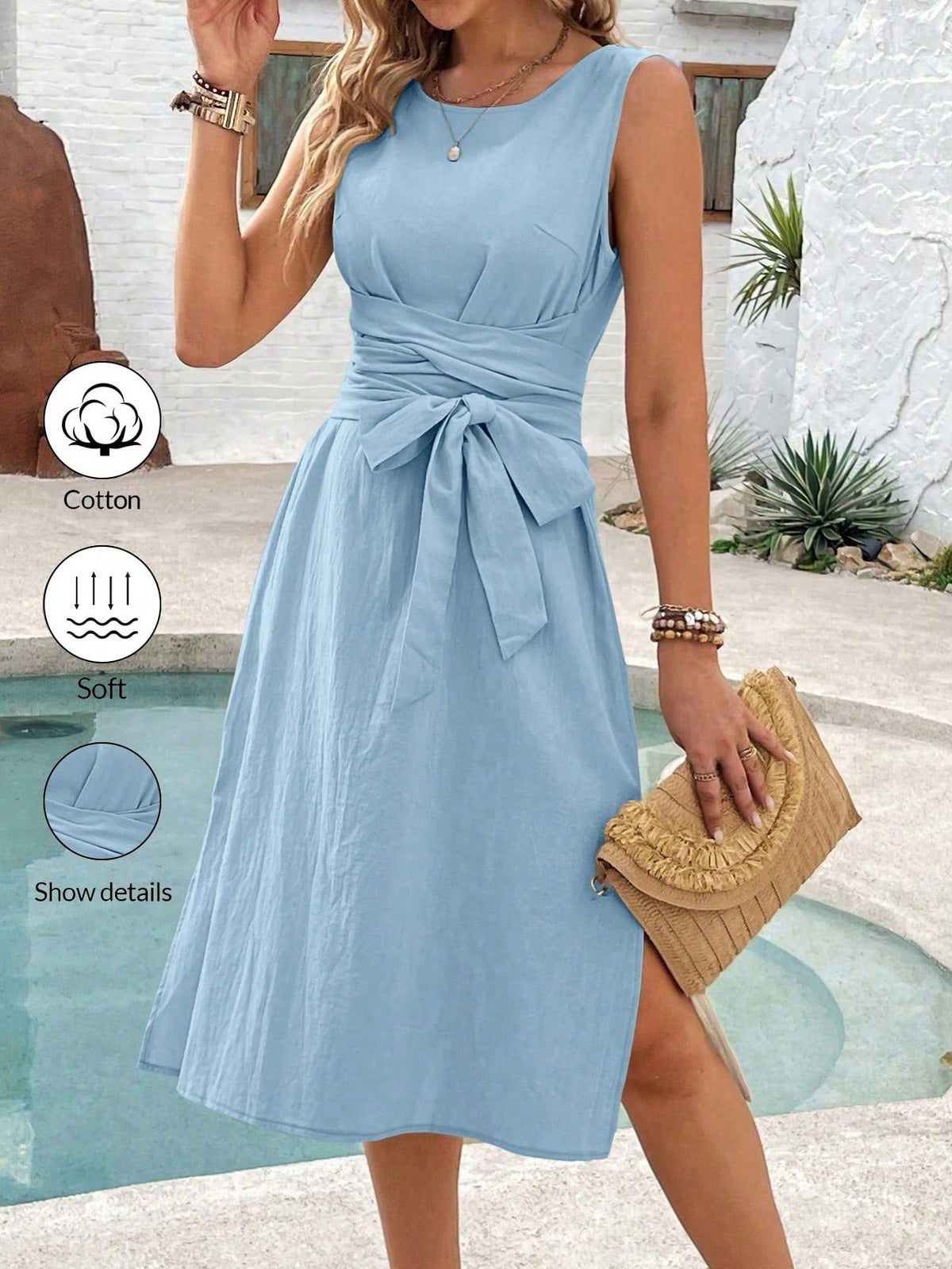 Abito a trapezio senza maniche, semplice e cinturato per signore