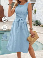 Abito a trapezio senza maniche, semplice e cinturato per signore