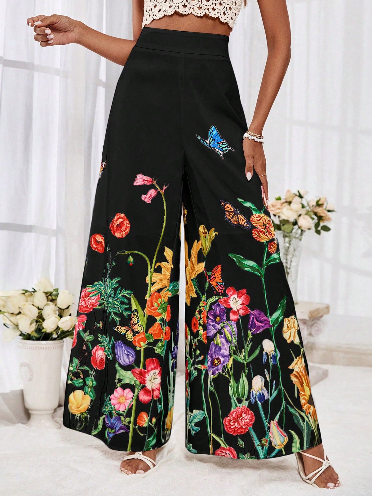Pantaloni Larghi A Vita Alta Con Stampa Floreale Per Le Vacanze