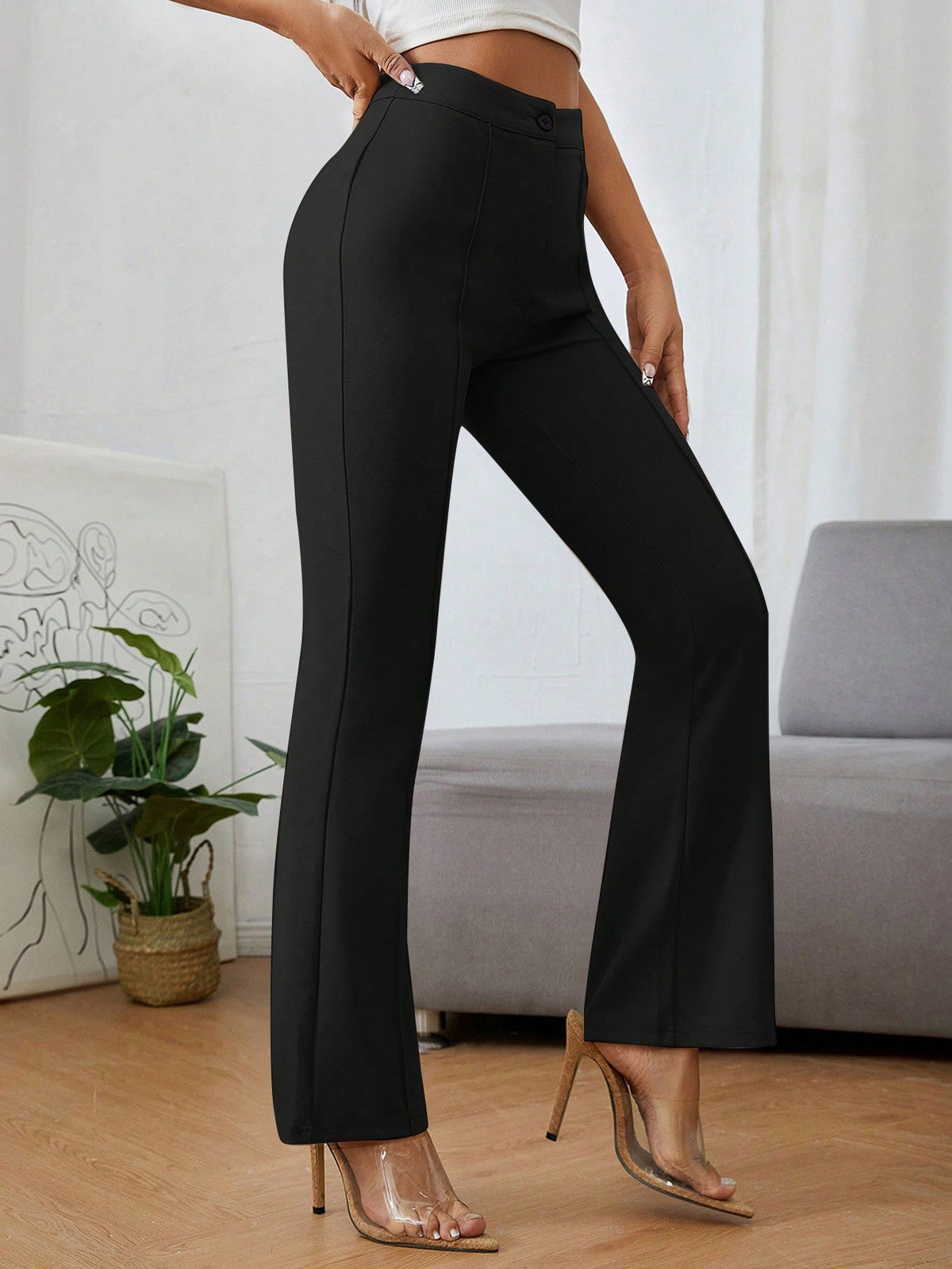 Pantaloni Svasati Casual Comodi In Tinta Unita