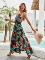 Abito con cintura e fessura e stampa tropicale