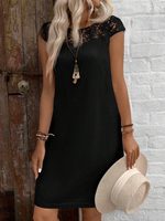 Abito casual estivo in cotone con patchwork in pizzo, colore solido bianco, vestito aderente per donne