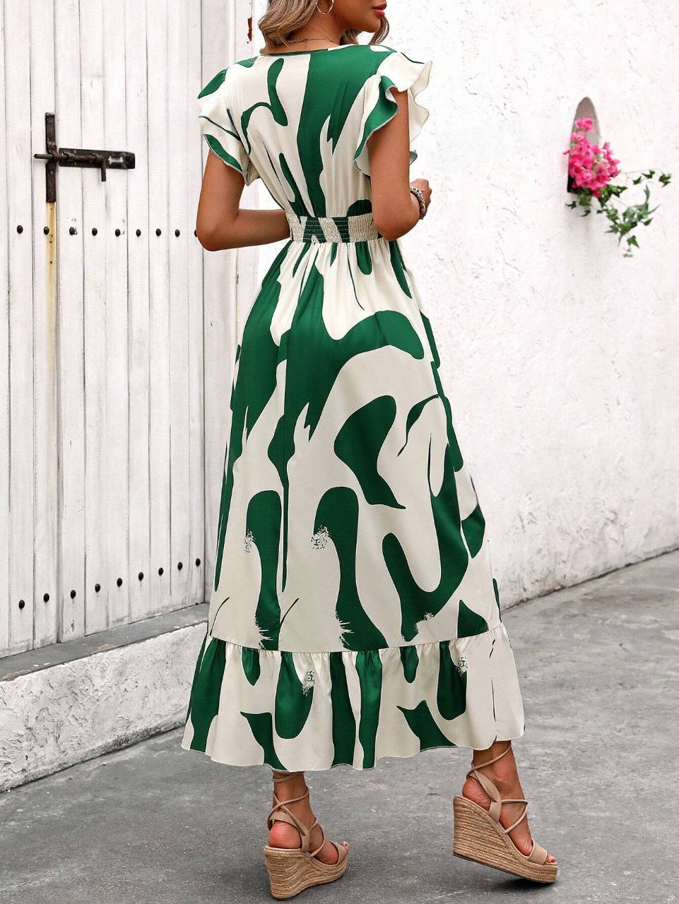 Abito Casual Lungo Con Manica A Cappuccio Con Stampa Geometrica Estiva E Scollo A V Per Donne