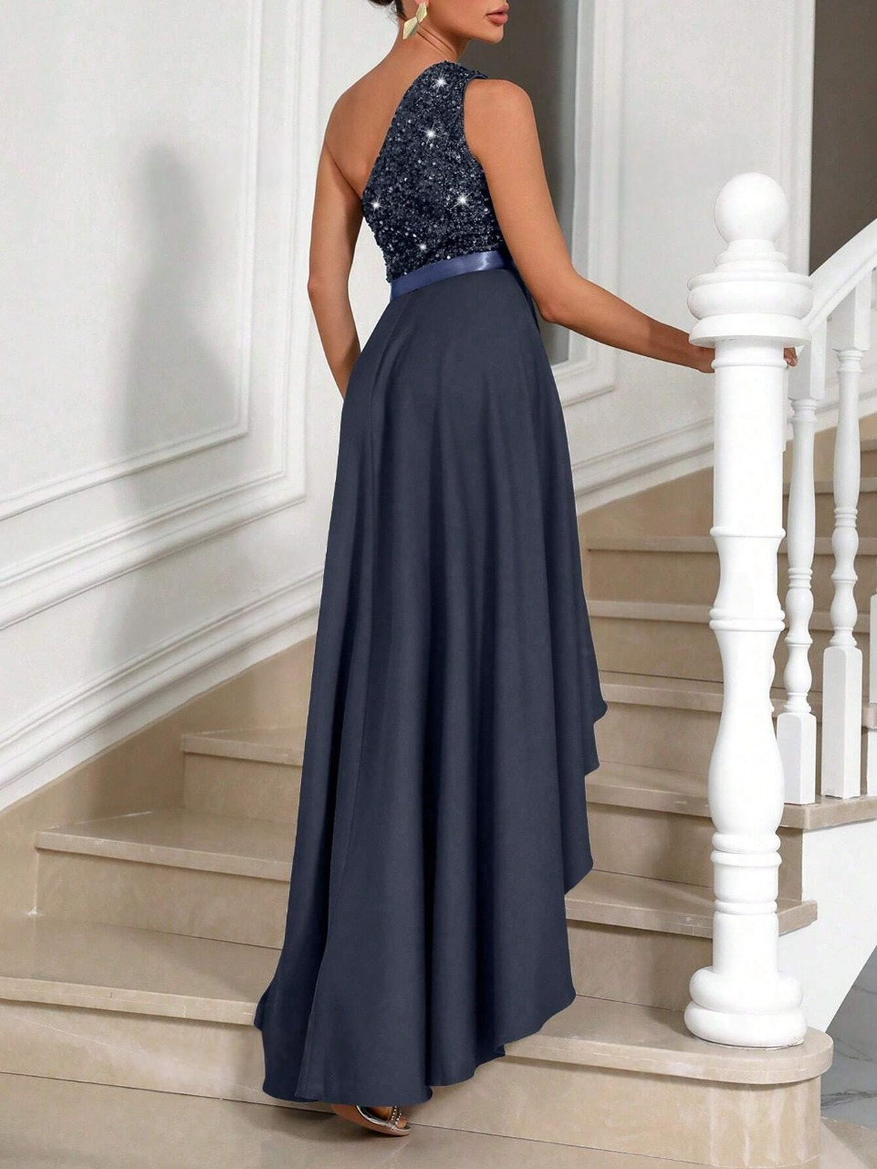 Vestito Aderente Con Spalla Obliqua Da Donna, Abbellimento Con Paillettes A Patchwork Asimmetrico Ed Orlo Sbieco