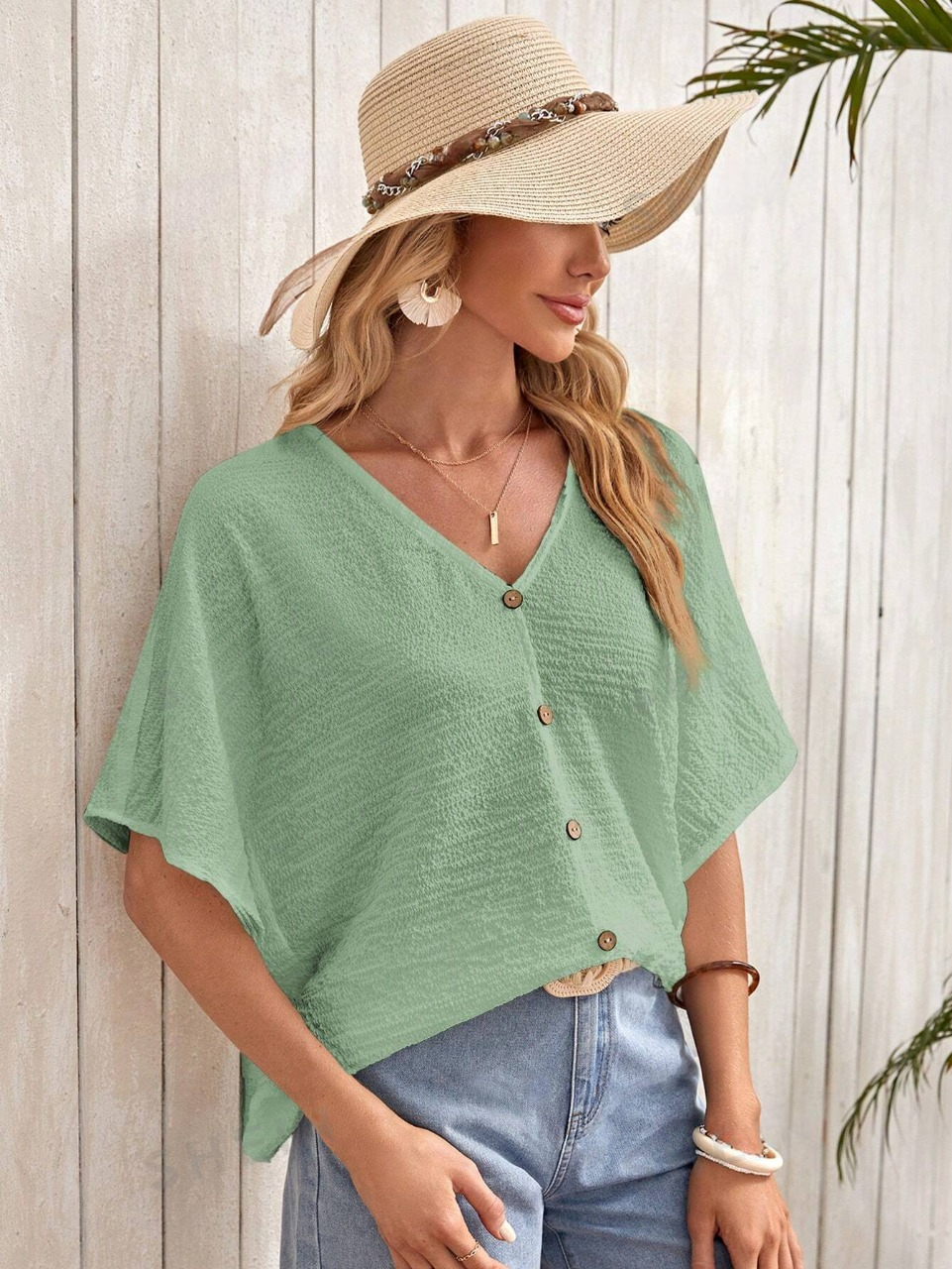 Blusa Texturizada Verde Con Manga Tipo MurciŽlago