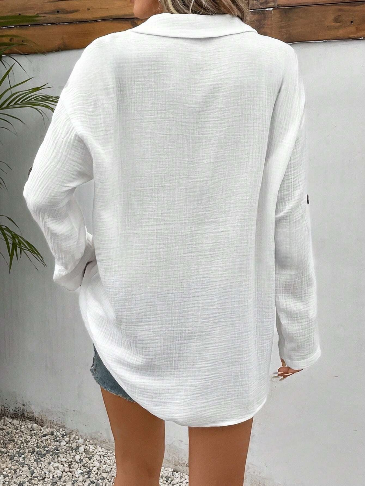 Camicia Da Donna Con Maniche Arrotolate A Colore Solido E Tasca