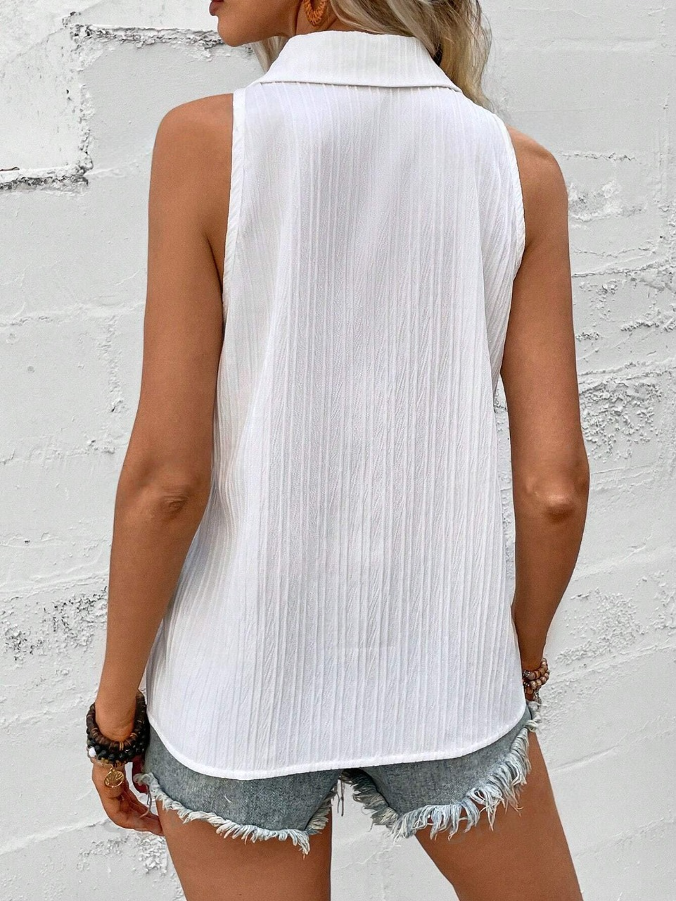 Camicia Estiva Senza Maniche Da Donna Con Colletto A Revers, Fronte Aperto, Tessuto A Strisce Con Motivo A Onde, Casual E Confortevole Per Le Vacanze