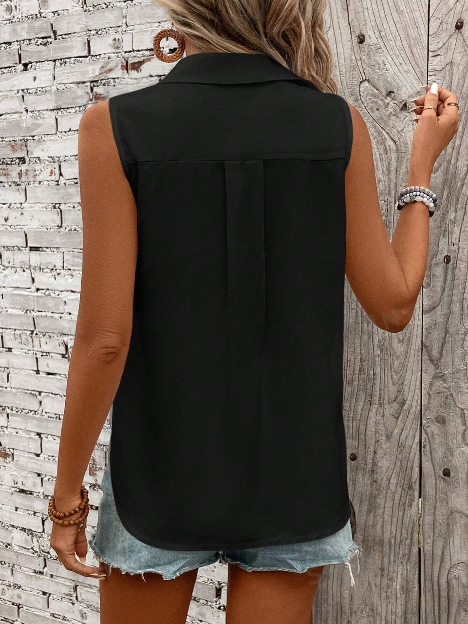 Camicia senza maniche con bottoni frontali, perfetta per vacanze e tempo libero, colore tinta unita