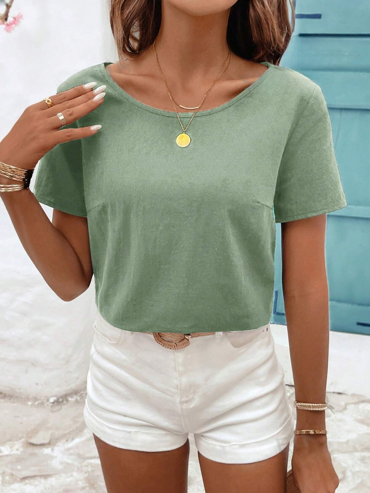 Blusa da donna con bordo a guscio e scollatura posteriore scoperta, top in lino e cotone per l'estate