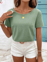 Blusa da donna con bordo a guscio e scollatura posteriore scoperta, top in lino e cotone per l'estate