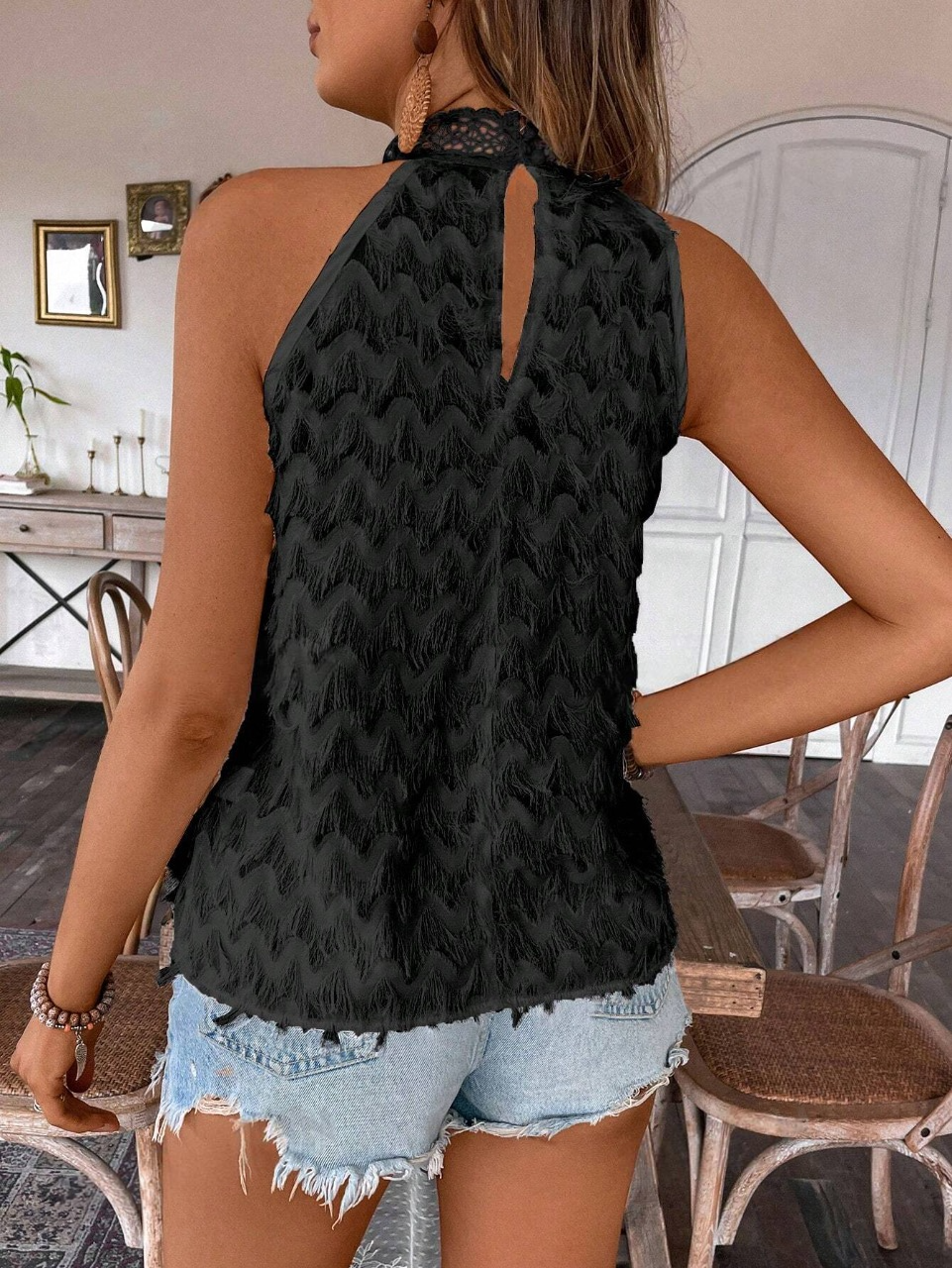 Blusa Senza Maniche Casual Estiva Con Inserti Di Pizzo