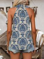 Camicia senza maniche casual estiva stampata con colletto e bottoni per le vacanze delle donne