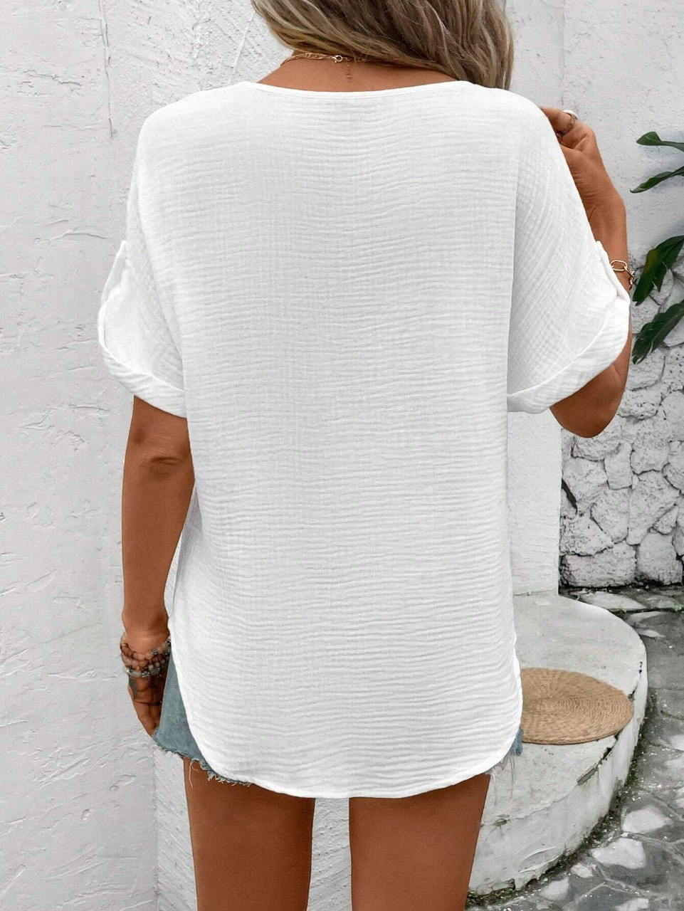 Maglia casual doppi strati in mussola con maniche pipistrello, basica e alla moda per le vacanze