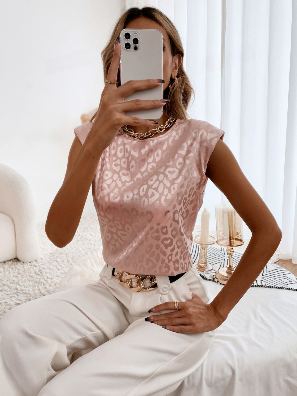 Camicetta leopardato jacquard spalla imbottita