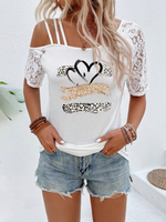 Maglietta casuale estiva in manica corta con scollo asimmetrico in laccetti a contrasto a stampa leopardata cuore per donne