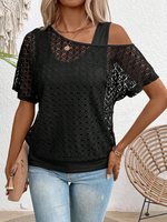 Maglietta estiva trasparente ampia in pizzo con scollatura asimmetrica per signore