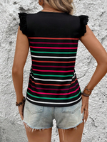 Maglietta casual estiva da donna con manica a cappuccio e stampa a righe colorate a collo rotondo