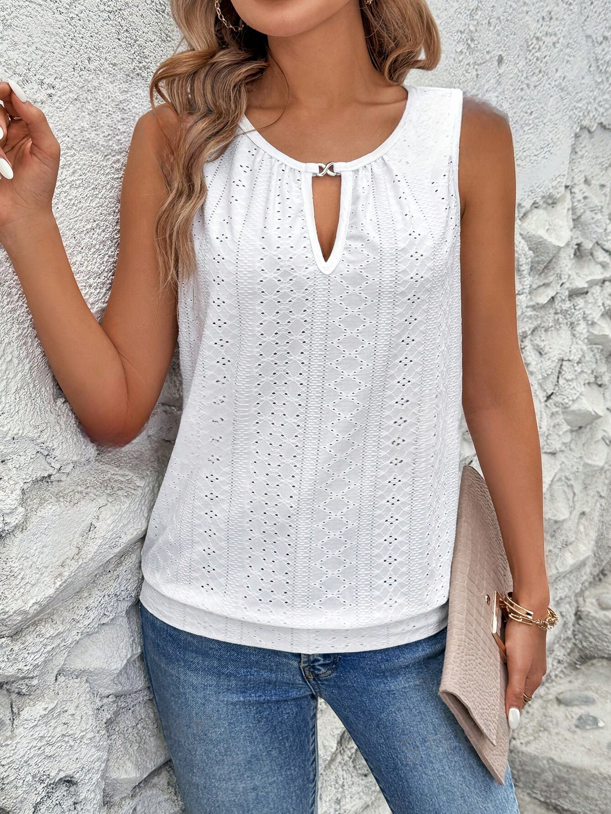 Canotta senza maniche con ricamo floreale bruciato e scollo a chiave per donne, estate