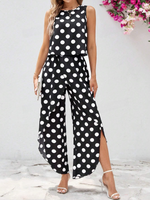 Top di stile vacanziero elegante stampato a pois per signore con pantaloni a gamba larga con spacco avanti