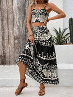 Set di due pezzi con abito a spaghetti con stampa vintage per le vacanze estive