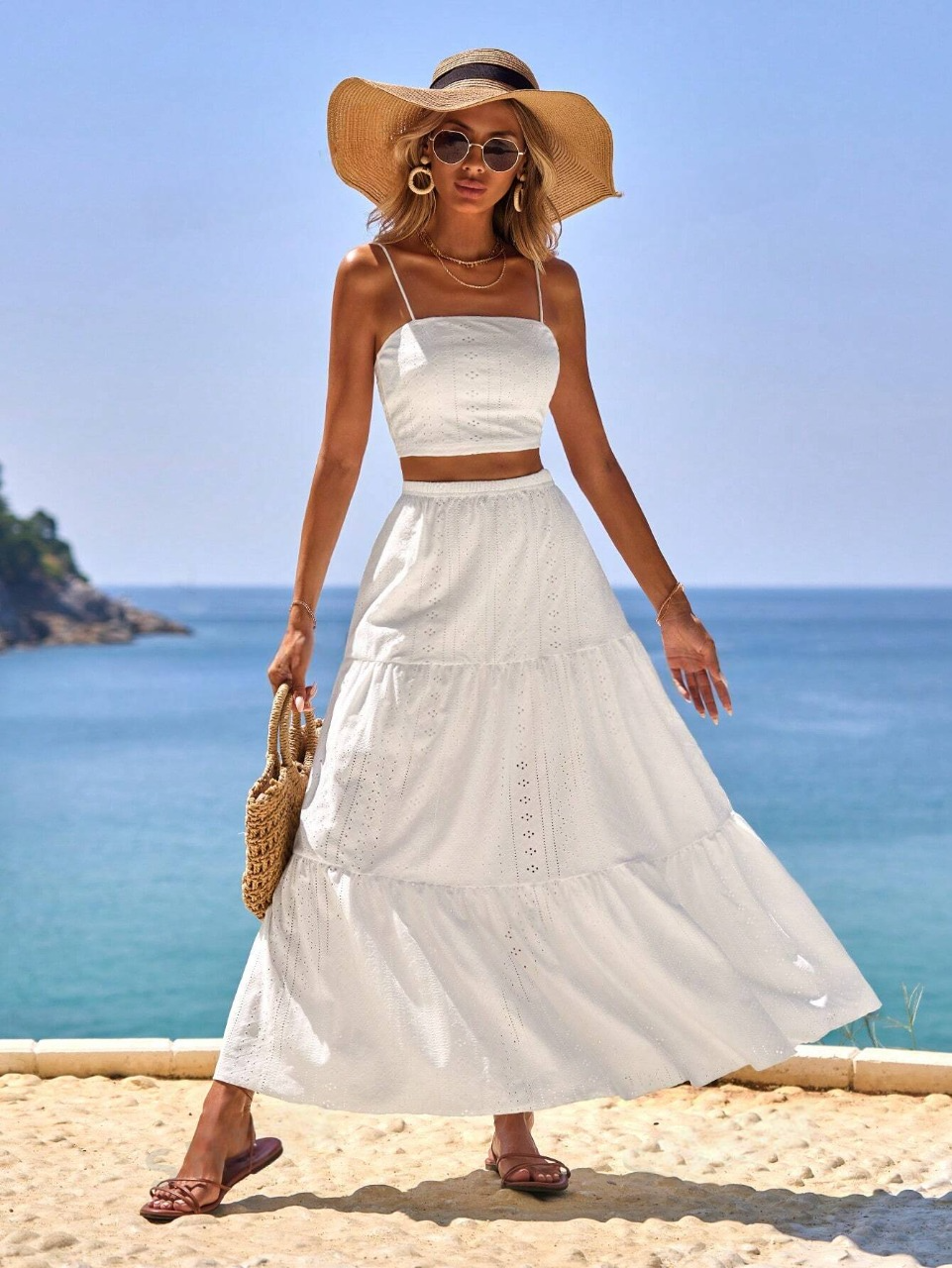 Top Ricamato Traforato & Gonna Lunga 2 Pezzi