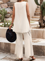 Set 2 pezzi semplice da donna con top senza maniche di colore unito e pantaloni lunghi