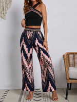 Top Corto Da Donna A Blocchi Di Colore Con Scollo All'americana E Pantaloni In Due Pezzi