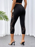 Leggings neri sexy ed eleganti in pizzo, lunghezza 3/4 a vita alta e aderenti, pantaloni sportivi a vita alta e sollevamento dei glutei per donne