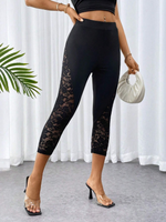 Leggings neri sexy ed eleganti in pizzo, lunghezza 3/4 a vita alta e aderenti, pantaloni sportivi a vita alta e sollevamento dei glutei per donne