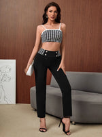 Pantaloni Plaid Patchwork A Vita Alta A Nove Punti Con Decorazione Di Bottoni Metallici