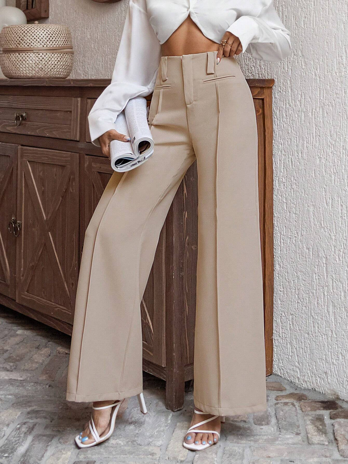 Pantaloni a gamba larga intrecciati con tasche simulati anteriore