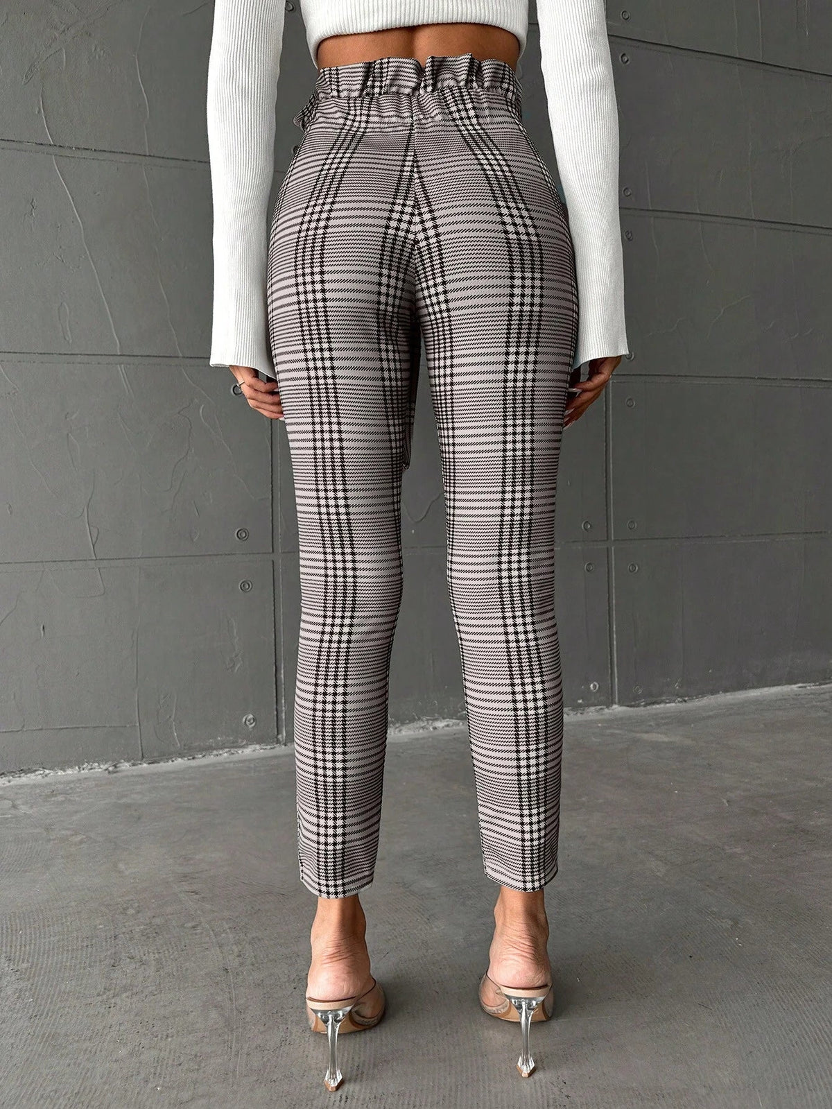 Pantaloni Lunghi A Vita Alta Con Cintura A Sacchetto A Quadri Per Donna