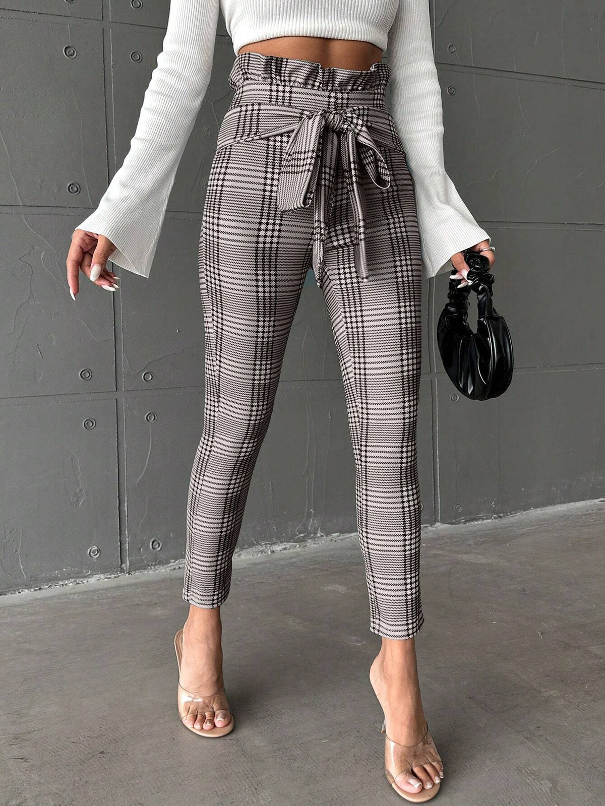 Pantaloni Lunghi A Vita Alta Con Cintura A Sacchetto A Quadri Per Donna