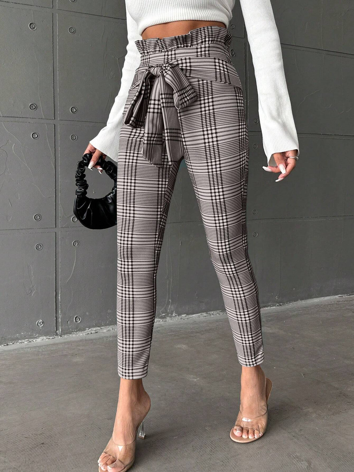 Pantaloni Lunghi A Vita Alta Con Cintura A Sacchetto A Quadri Per Donna