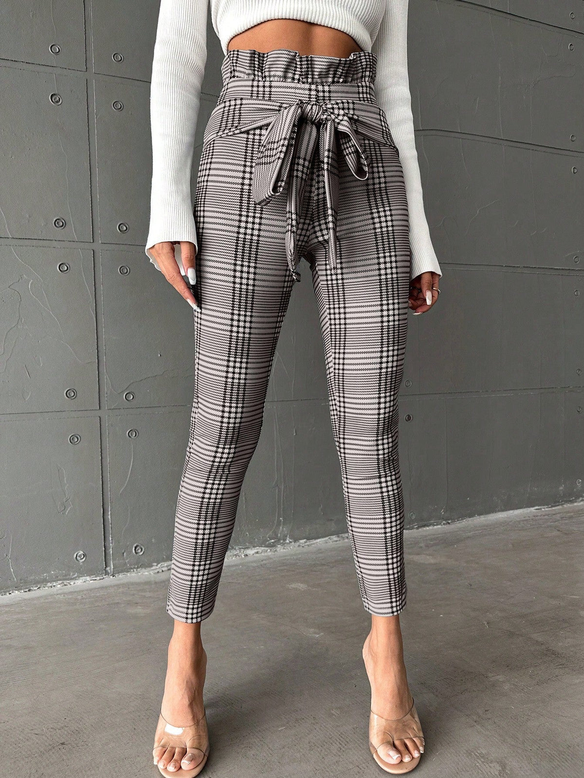 Pantaloni Lunghi A Vita Alta Con Cintura A Sacchetto A Quadri Per Donna